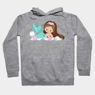 Little Mermaid, Cute Mermaid, Shells, Brown Hair Hoodie